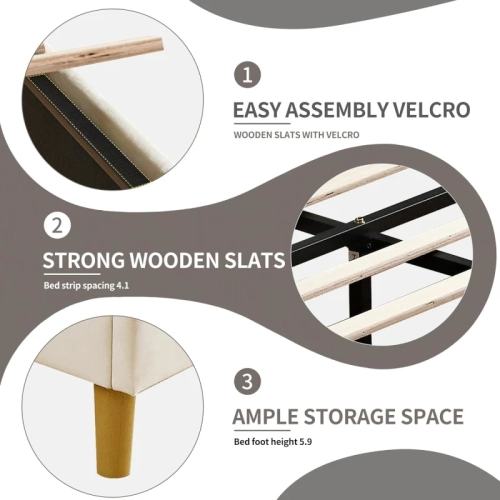 Cadre de lit plateforme rembourré crème - tête de lit géométrique moderne à double aile, grand lit