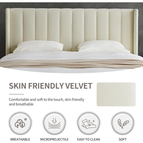 Cadre de lit plateforme rembourré crème - tête de lit géométrique moderne à double aile, grand lit