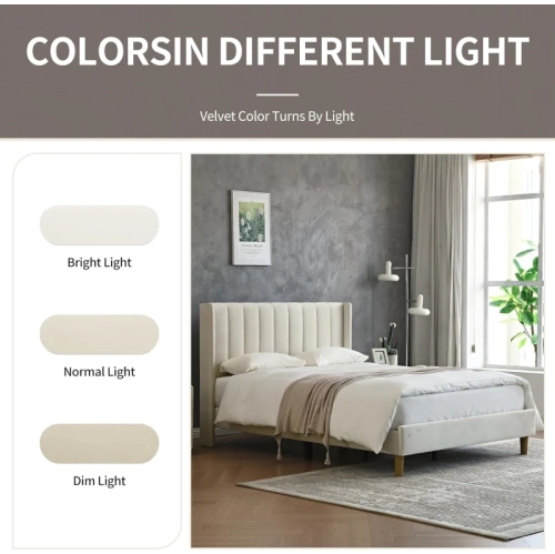 Cadre de lit plateforme rembourré crème - tête de lit géométrique moderne à double aile, grand lit