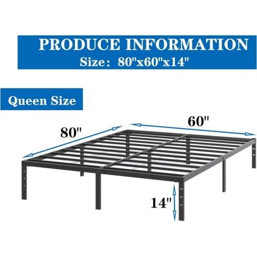 14-Inch Heavy Duty Steel Slat Bed Frame - Anti-Slip, Easy Assembly, Maximum Storage, Noise-Free, Black