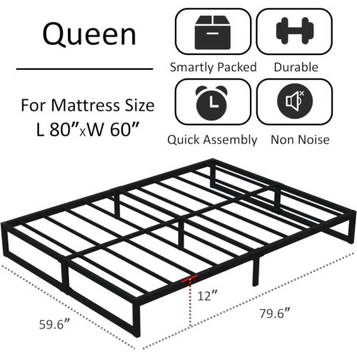 12-Inch Heavy Duty Steel Slat Queen Bed Frame - No Box Spring Needed, Easy Assembly, Black