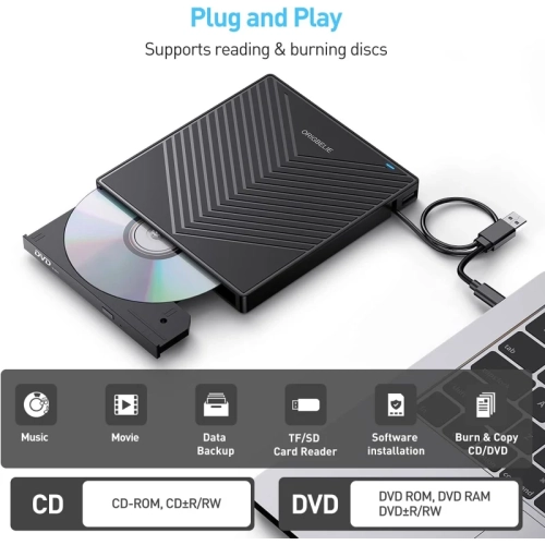 Ultra Slim External CD DVD Drive with USB 3.0 - 4 USB Ports, 2 TF/SD Card Slots, Compatible with Laptop, Mac, PC, Windows, Linux