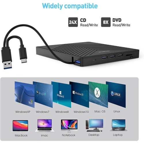 Ultra Slim External CD DVD Drive with USB 3.0 - 4 USB Ports, 2 TF/SD Card Slots, Compatible with Laptop, Mac, PC, Windows, Linux