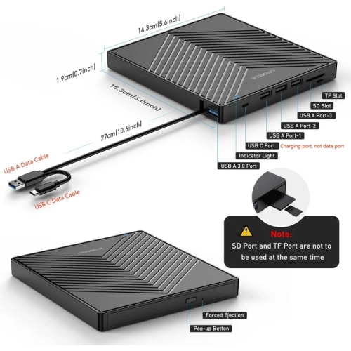 Ultra Slim External CD DVD Drive with USB 3.0 - 4 USB Ports, 2 TF/SD Card Slots, Compatible with Laptop, Mac, PC, Windows, Linux