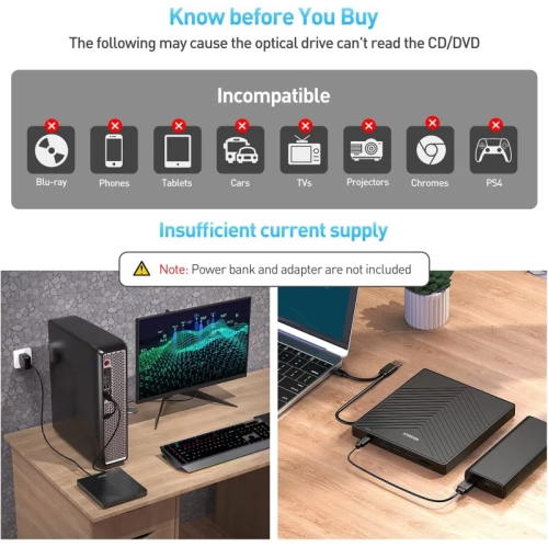 Ultra Slim External CD DVD Drive with USB 3.0 - 4 USB Ports, 2 TF/SD Card Slots, Compatible with Laptop, Mac, PC, Windows, Linux