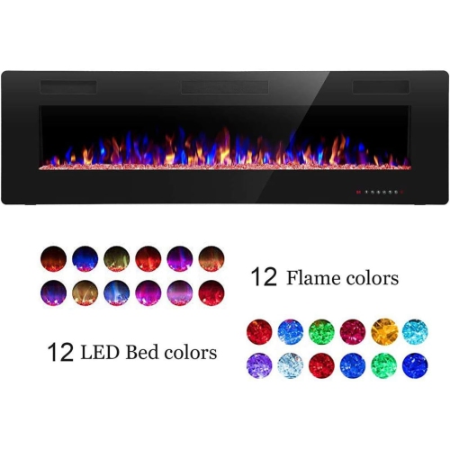 ZAFRO Electric Fireplace 60'' with remote control, Recessed Wall Mounted Electric Fireplace with Adjustable 12-Color Flame Brightness & Speed