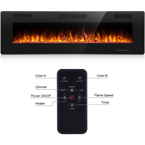 ZAFRO Electric Fireplace 60'' with remote control, Recessed Wall Mounted Electric Fireplace with Adjustable 12-Color Flame Brightness & Speed