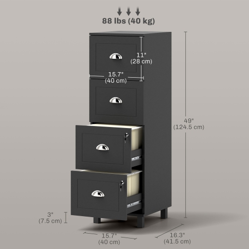 HOMCOM Vertical Filing Cabinet with 4 Drawers, Lockable File Cabinet with Adjustable Hanging Bars for A4 and Letter for Home Office, Black