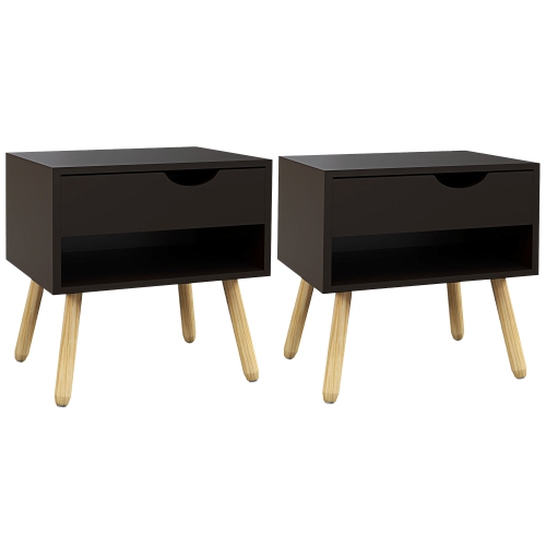 HOMCOM Set of 2 Bedside Table with Drawer and Shelf, Modern Nightstand, End Table for Bedroom, Black