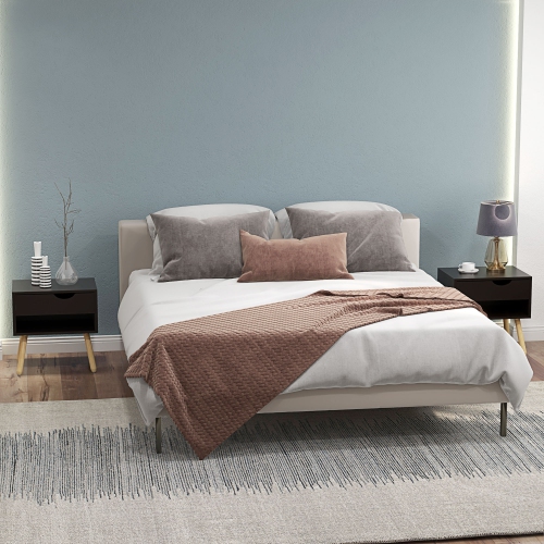 HOMCOM Set of 2 Bedside Table with Drawer and Shelf, Modern Nightstand with Wooden Legs, End Table for Bedroom, Black