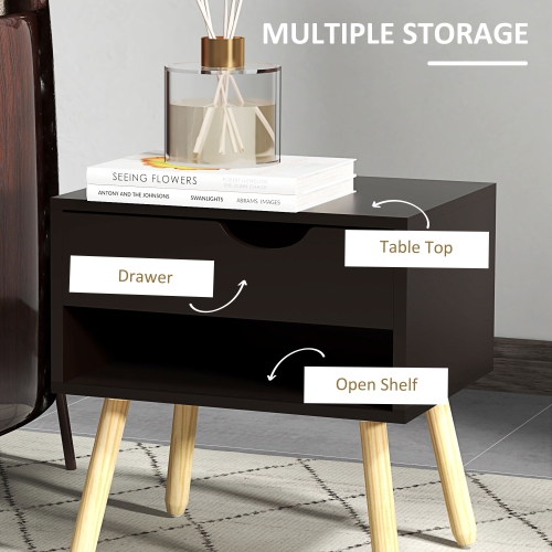 HOMCOM Set of 2 Bedside Table with Drawer and Shelf, Modern Nightstand with Wooden Legs, End Table for Bedroom, Black