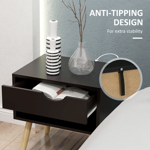 HOMCOM Set of 2 Bedside Table with Drawer and Shelf, Modern Nightstand with Wooden Legs, End Table for Bedroom, Black