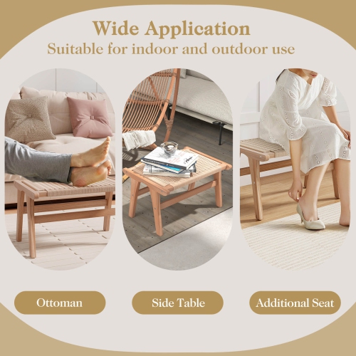 Costway 2 PCS Teak Wood Ottoman Footstool with Braided Rope for Living Room Bedroom Office