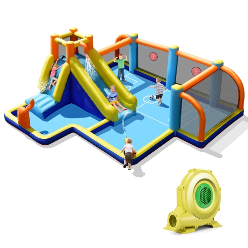 COSTWAY  Giant Soccer-Themed Inflatable Water Slide Bouncer Splash Pool With 735W Blower