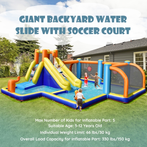 Costway Giant Soccer-Themed Inflatable Water Slide Bouncer Splash Pool With 735W Blower