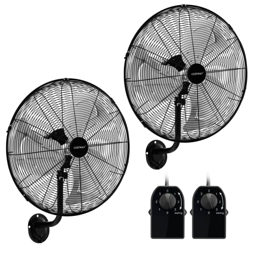 Costway 2 PCS 20" Wall Mount Fan with 3-Speed Options 85° Oscillation 30° Tilt 6 FT Cord