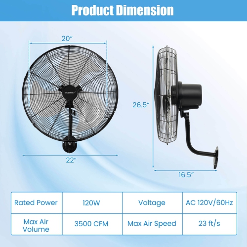 Costway 2 PCS 20" Wall Mount Fan with 3-Speed Options 85° Oscillation 30° Tilt 6 FT Cord