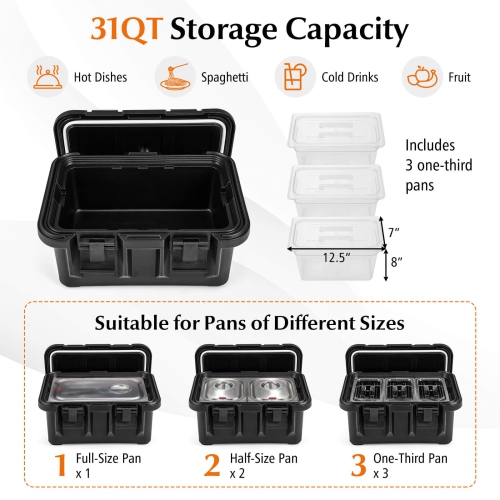 Costway 2 PCS Insulated Food Pan Container 31 QT Stackable Hot Box with 3 Transparent Pans