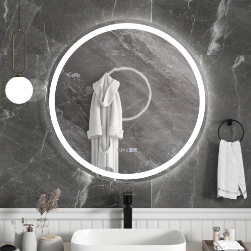 Miroir de salle de bain à DEL de 32 x x32 po avec affichage de la durée et de la température de l'éclairage à 3 couleurs à intensité réglable de