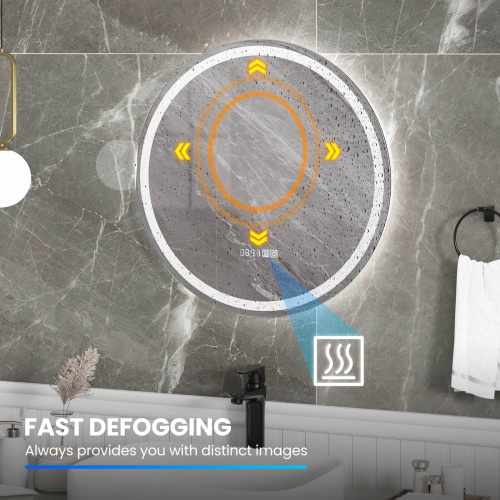 Miroir de salle de bain à DEL de 24 x x24 po avec affichage de la durée et de la température de l'éclairage à 3 couleurs à intensité réglable de