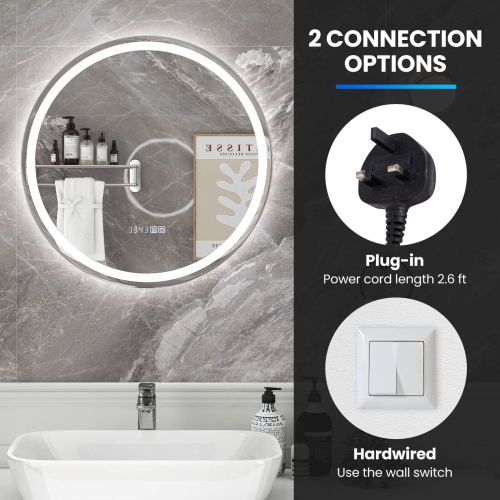 Miroir de salle de bain à DEL de 24 x x24 po avec affichage de la durée et de la température de l'éclairage à 3 couleurs à intensité réglable de