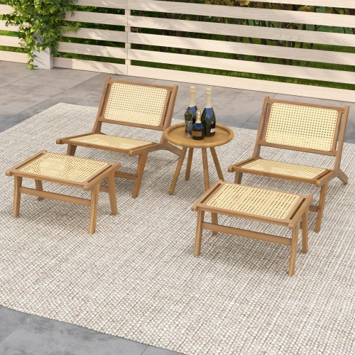 Costway 2 PCS Mid Century Modern Teak Wooden Chair with Handwoven Rattan Seat & Backrest