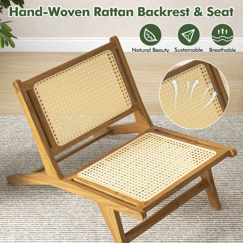 Costway 2 PCS Mid Century Modern Teak Wooden Chair with Handwoven Rattan Seat & Backrest