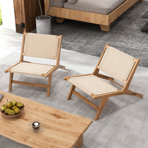 Costway 2 PCS Teak Wooden Chair with Braided Rope Seat Backrest Mid Century Modern