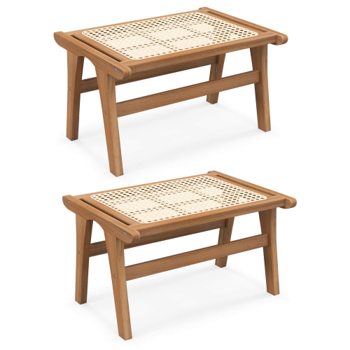 Costway 2 PCS Ottoman Footstool Natural Teak Wooden Foot Rest with Handwoven Rattan Indoor