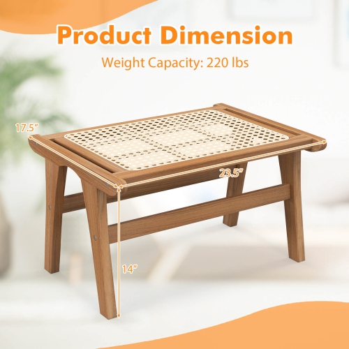Costway 2 PCS Ottoman Footstool Natural Teak Wooden Foot Rest with Handwoven Rattan Indoor
