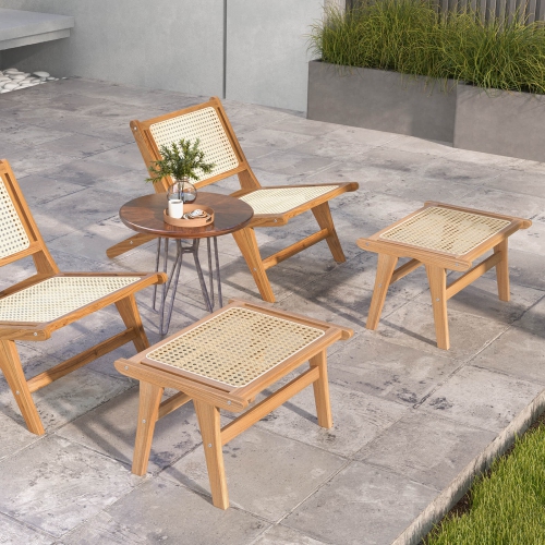 Costway 2 PCS Ottoman Footstool Natural Teak Wooden Foot Rest with Handwoven Rattan Indoor