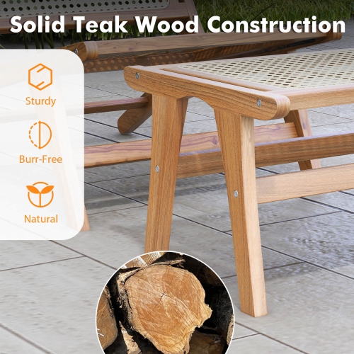 Costway 2 PCS Ottoman Footstool Natural Teak Wooden Foot Rest with Handwoven Rattan Indoor
