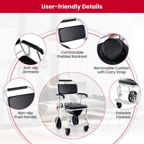 Costway 4-in-1 Bedside Commode Chair with Brakes, Bucket Footrest Padded Seat & Backrest