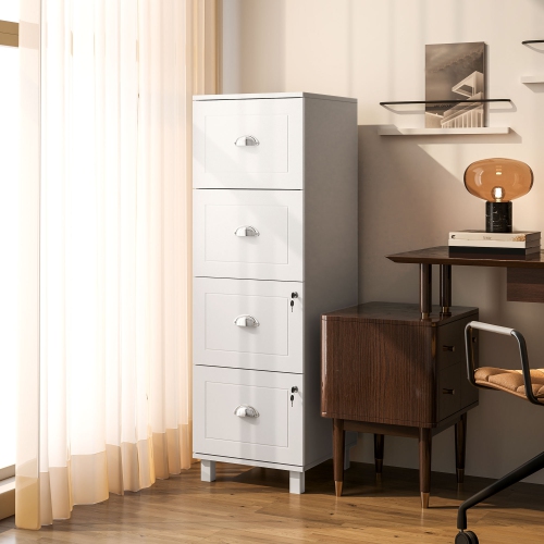 HOMCOM – Classeur vertical à 4 tiroirs, classeur verrouillable avec barres de suspension réglables pour A4 et lettre pour le bureau à domicile, blanc