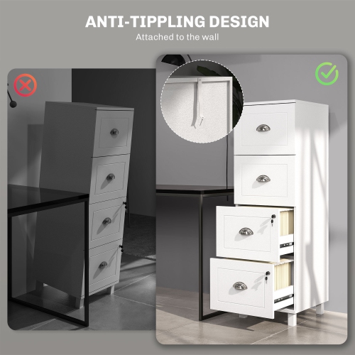 HOMCOM – Classeur vertical à 4 tiroirs, classeur verrouillable avec barres de suspension réglables pour A4 et lettre pour le bureau à domicile, blanc