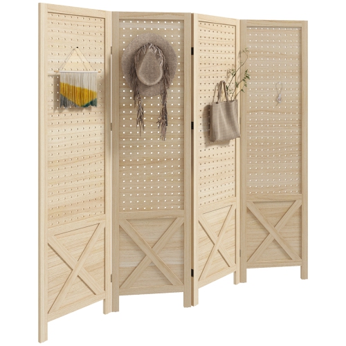 Image 1 of 9.. HOMCOM 4 Panel Pegboard Display Room Divider, 4.7' Tall Wood Indoor Portable Folding Privacy Screen, Partition Wall Divider for Home Office, Natural