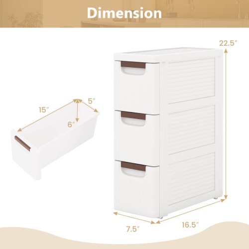 Armoire de rangement étroite à 3 tiroirs sur roulettes avec poignées de tirage de Costway 1 PCS
