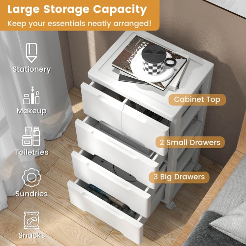 Costway 2 PCS 5-Drawer Plastic Rolling Storage Cart with 4 Universal Wheels Dresser Cabinet