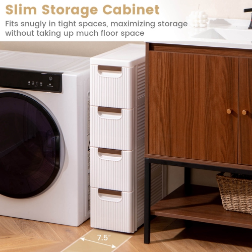 Costway 1 PCS 4-Drawer Narrow Rolling Storage Cabinet with Pull Handles Built-in Wheels