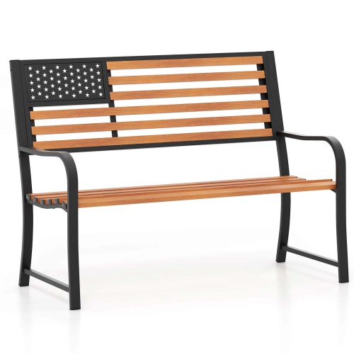 Image 1 of 10.. Costway 50" Outdoor Garden Bench with Flag Pattern Backrest & Rustic Wood Grain Finish