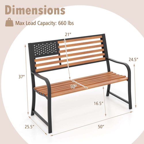 Costway 50" Outdoor Garden Bench with Flag Pattern Backrest & Rustic Wood Grain Finish