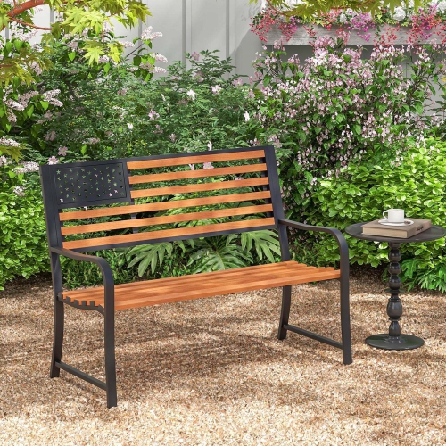 Costway 50" Outdoor Garden Bench with Flag Pattern Backrest & Rustic Wood Grain Finish