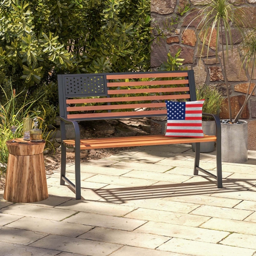 Costway 50" Outdoor Garden Bench with Flag Pattern Backrest & Rustic Wood Grain Finish