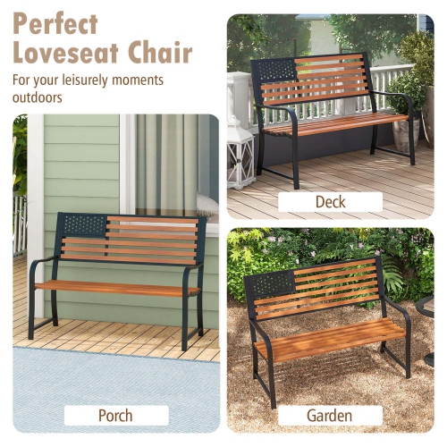 Costway 50" Outdoor Garden Bench with Flag Pattern Backrest & Rustic Wood Grain Finish