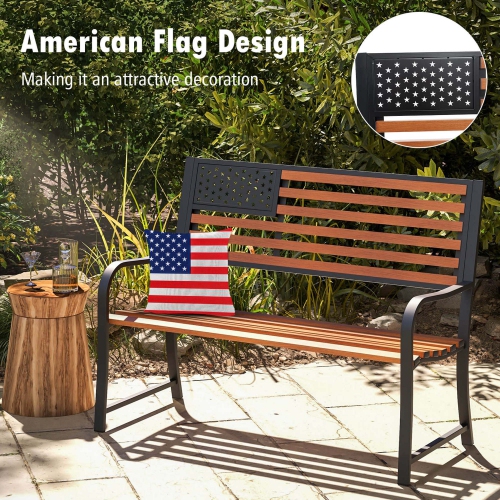 Costway 50" Outdoor Garden Bench with Flag Pattern Backrest & Rustic Wood Grain Finish