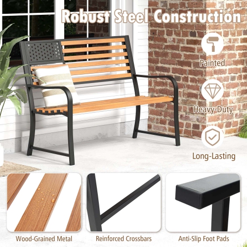 Costway 50" Outdoor Garden Bench with Flag Pattern Backrest & Rustic Wood Grain Finish
