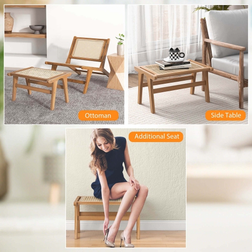 Pouf repose-pieds en teck naturel avec intérieur en rotin tressé à la main de Costway