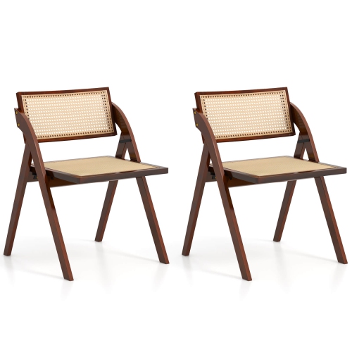 Costway Foldable Dining Chairs Set of 2 with Woven Rattan Backrest & Seat Rubber Wood Frame Brown