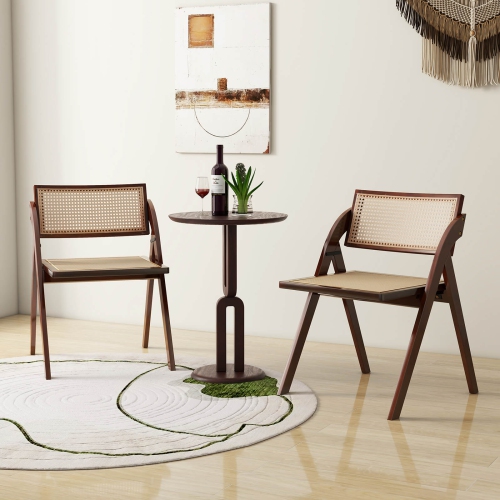 Costway Foldable Dining Chairs Set of 2 with Woven Rattan Backrest & Seat Rubber Wood Frame Brown
