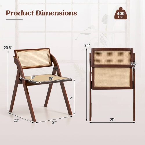 Costway Foldable Dining Chairs Set of 2 with Woven Rattan Backrest & Seat Rubber Wood Frame Brown